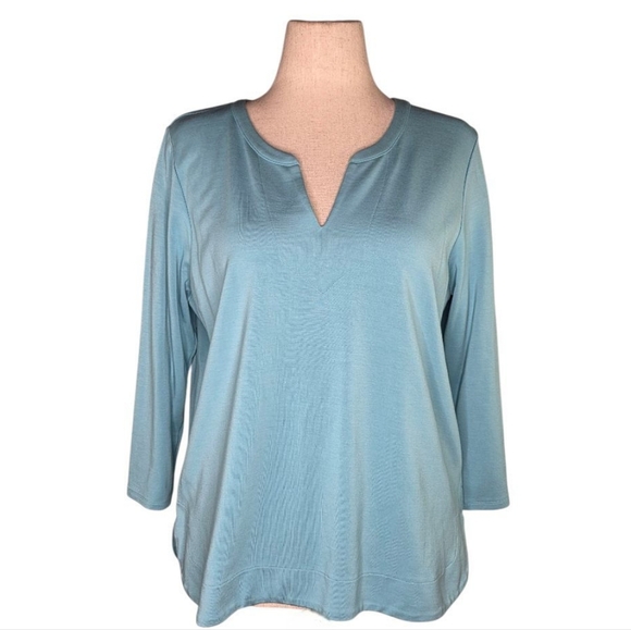 J.Jill Wearever Blue Split Neck Top Rayon Blend 3/4 Sleeve Petite Large - Picture 1 of 6